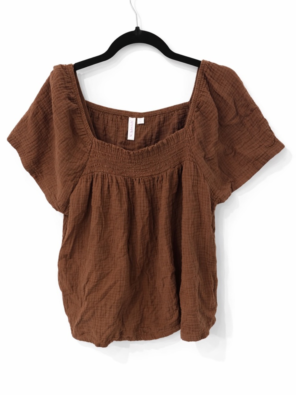 Square-Neck Smocked Brown Blouse